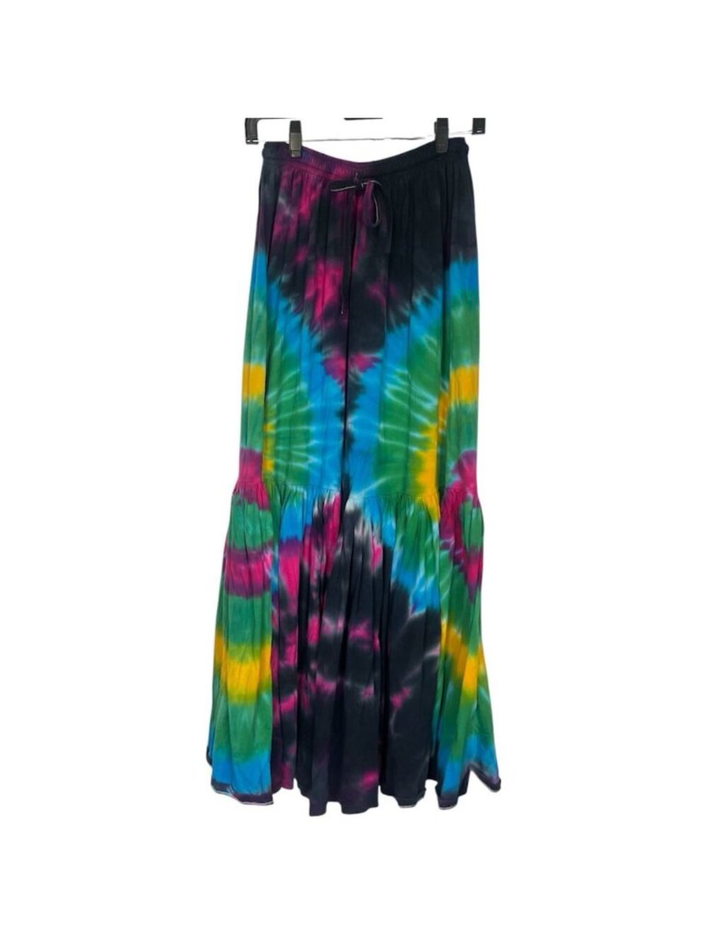 Boho Tie Dye Wide Leg Pants OS Ruffle Tiered Cotton Flare Stretch Drawstring - Picture 2 of 7